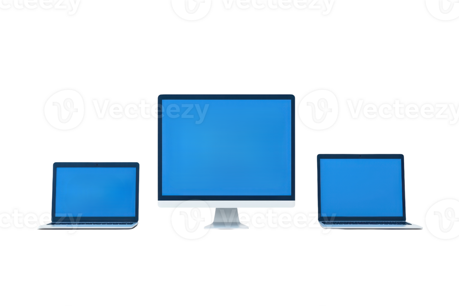 Three digital devices featuring blue screens a desktop monitor flanked by two laptops of varying sizes. png