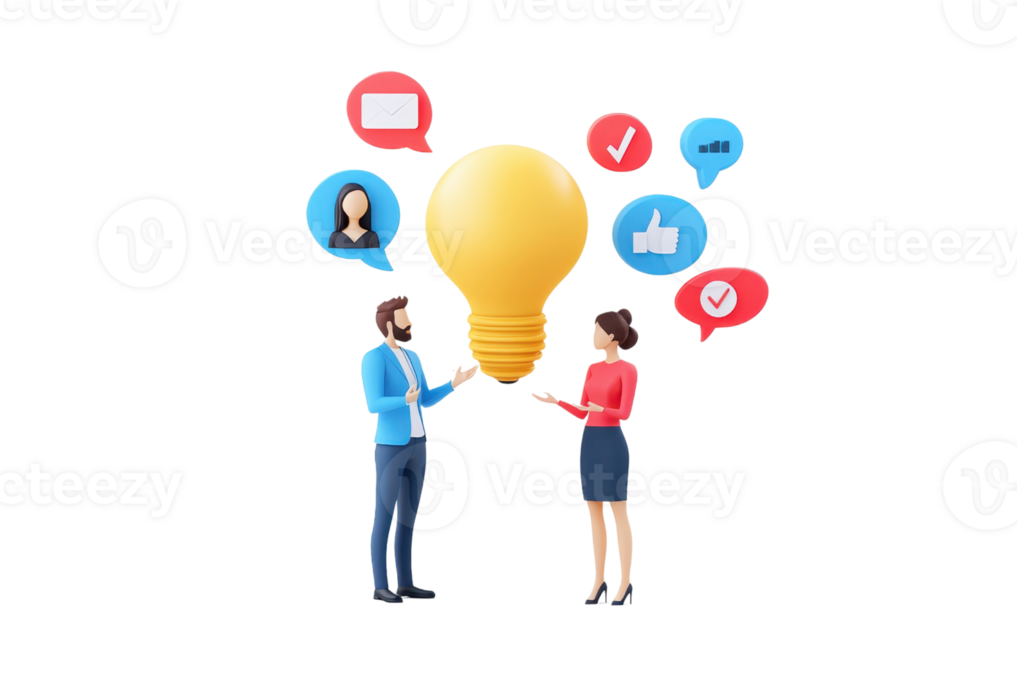 A couple exchanges ideas represented by a light bulb, surrounded by social media icons symbolizing communication and interaction. png