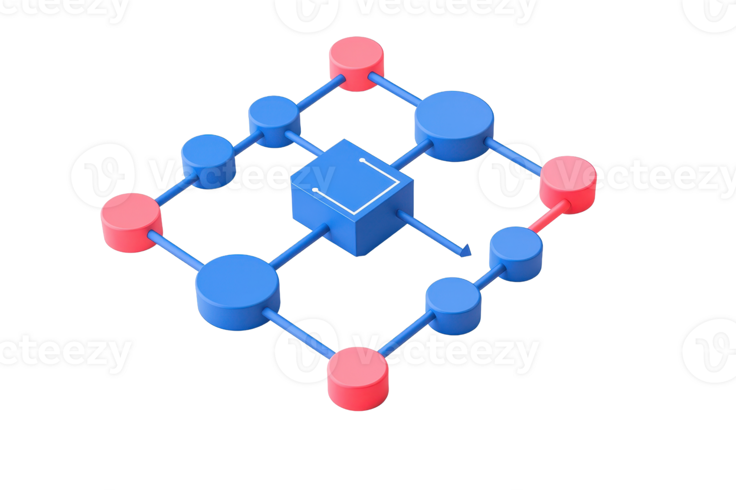 A 3D geometric model featuring interconnected nodes in blue and red, forming a network structure. png