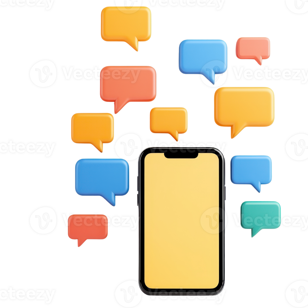 A smartphone surrounded by colorful speech bubbles, representing communication and messaging. png
