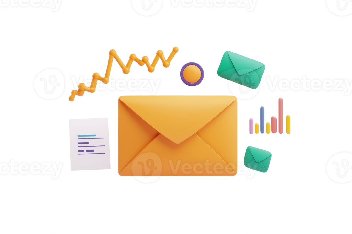 A vibrant yellow envelope surrounded by graphs, documents, and colored envelopes, symbolizing communication and analytics. png