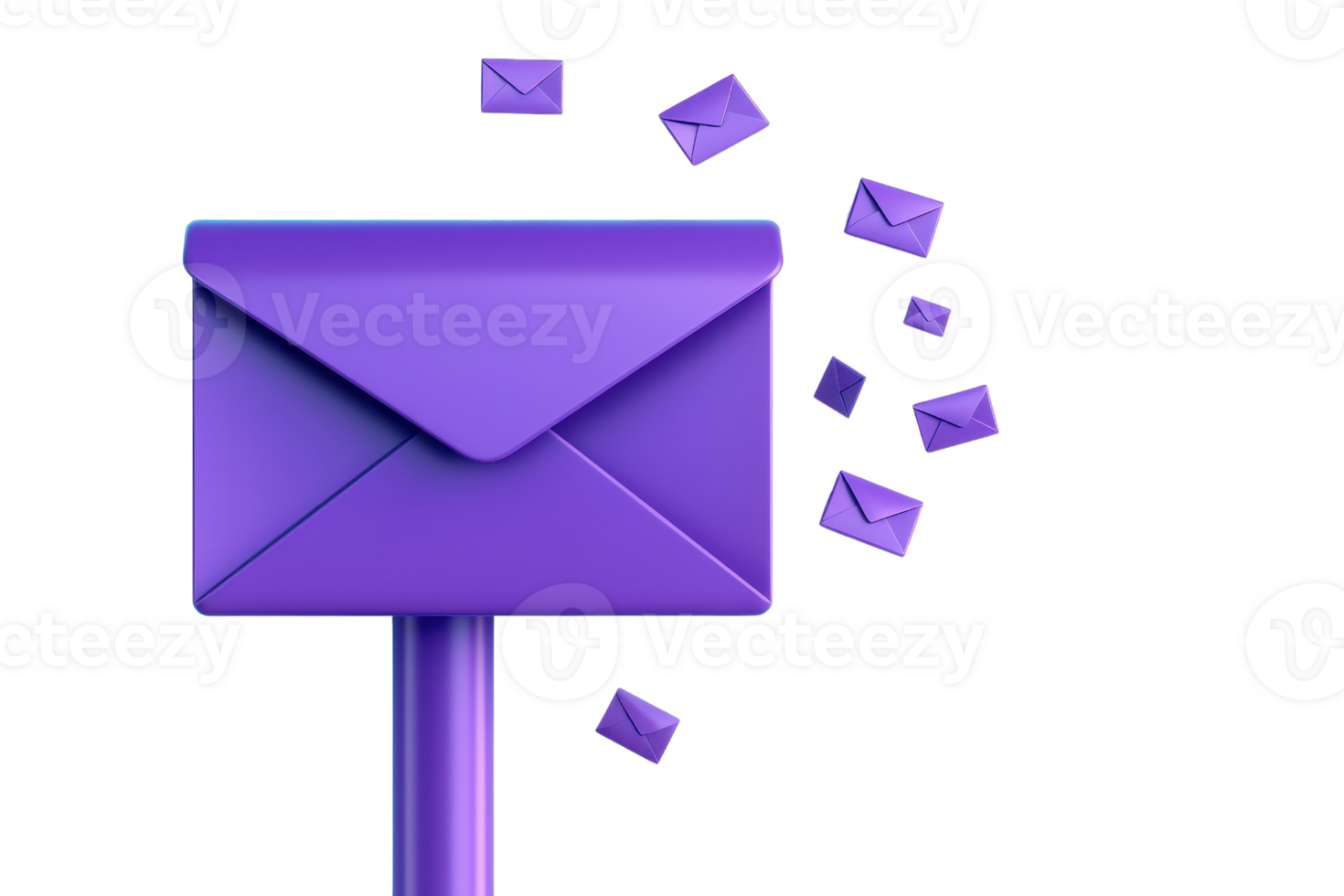 A vibrant purple envelope with smaller envelopes appearing to float around it. png