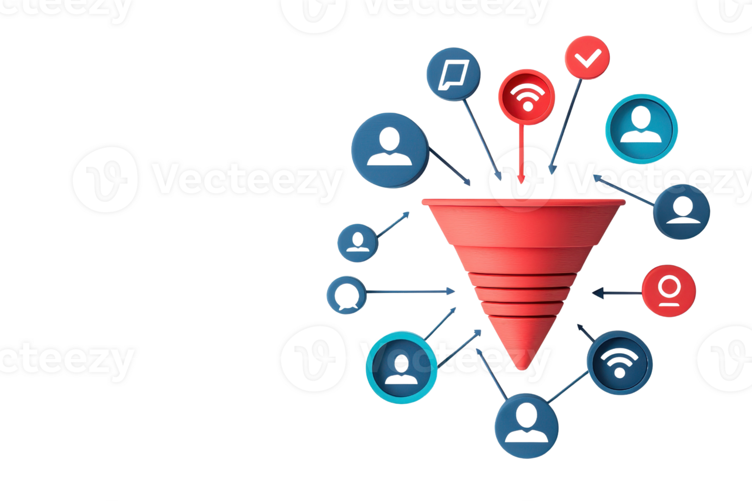 A stylized red funnel with various icons representing communication and user interaction radiating from its top. png