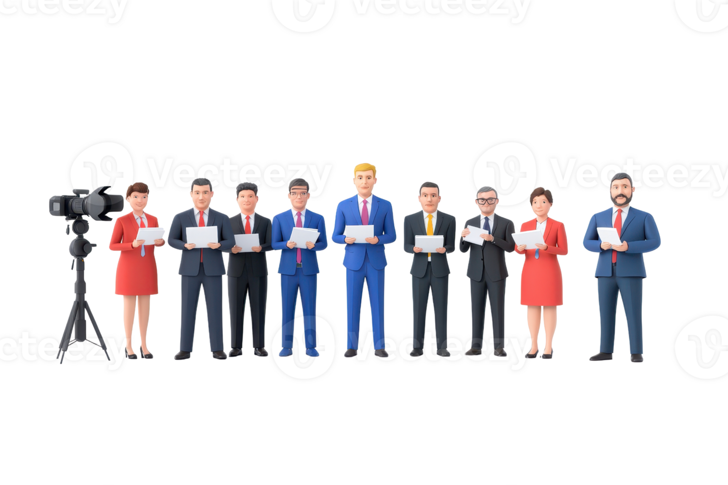 A group of nine individuals holding documents, with one prominently dressed in blue, representing a media or news-related scenario. png