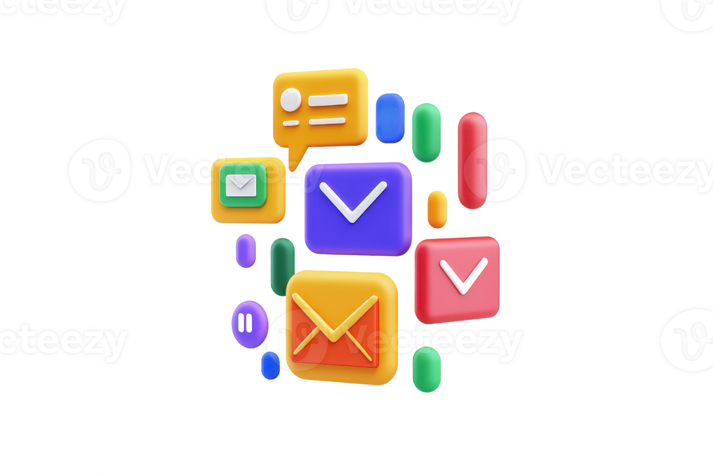 Colorful messaging and email icons arranged in a dynamic cluster, representing digital communication. png