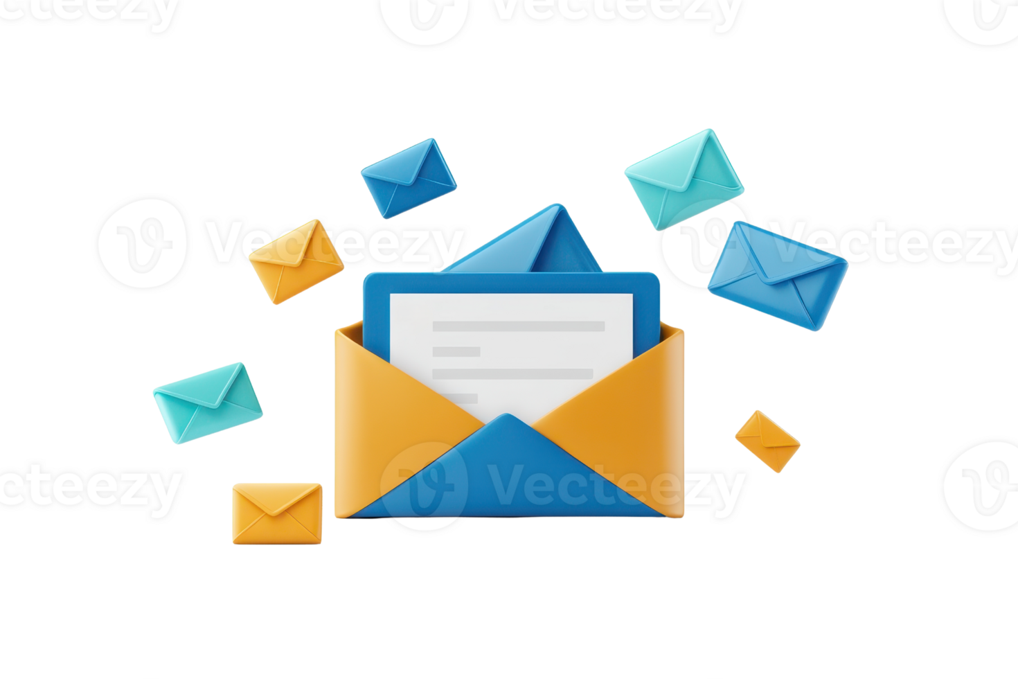 An envelope with letters surrounding it, symbolizing communication and messaging. png
