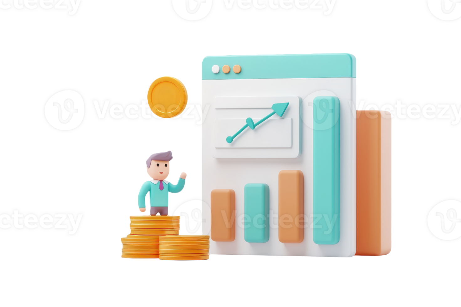 A 3D character stands beside a graph chart, displaying upward trends, with coins representing financial growth. png