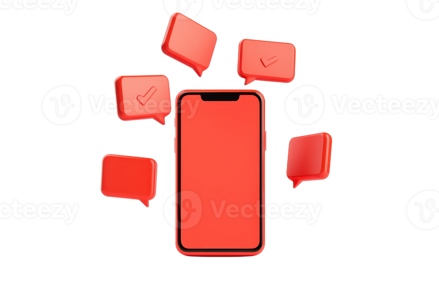 A vibrant red smartphone with floating message bubbles around it, symbolizing communication and connectivity. png