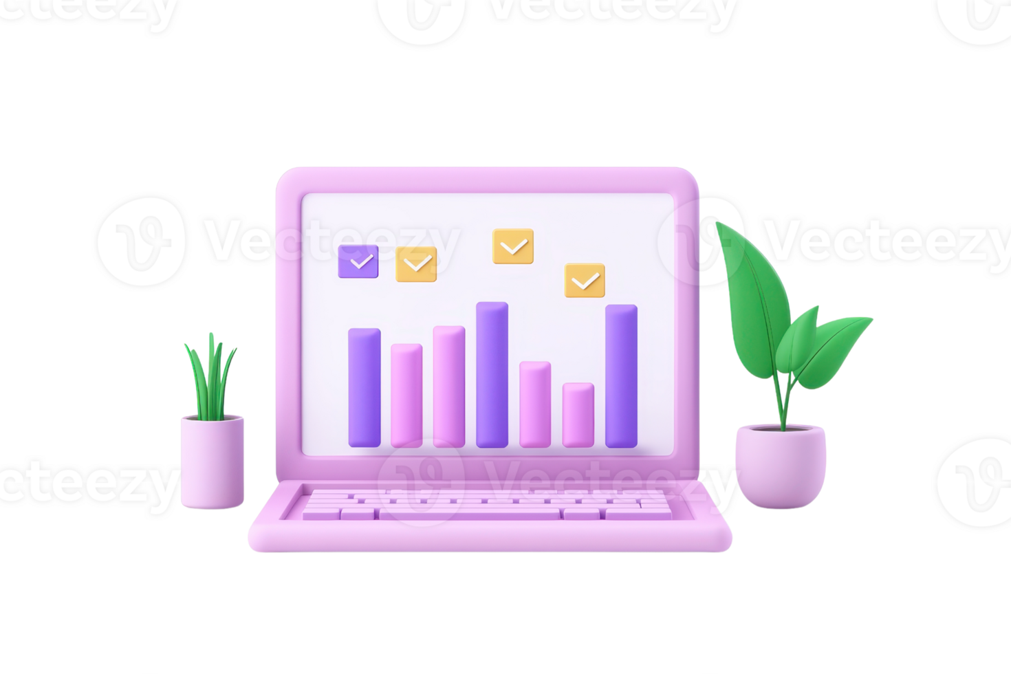 A modern laptop displaying colorful bar graphs and icons, accompanied by two potted plants. png