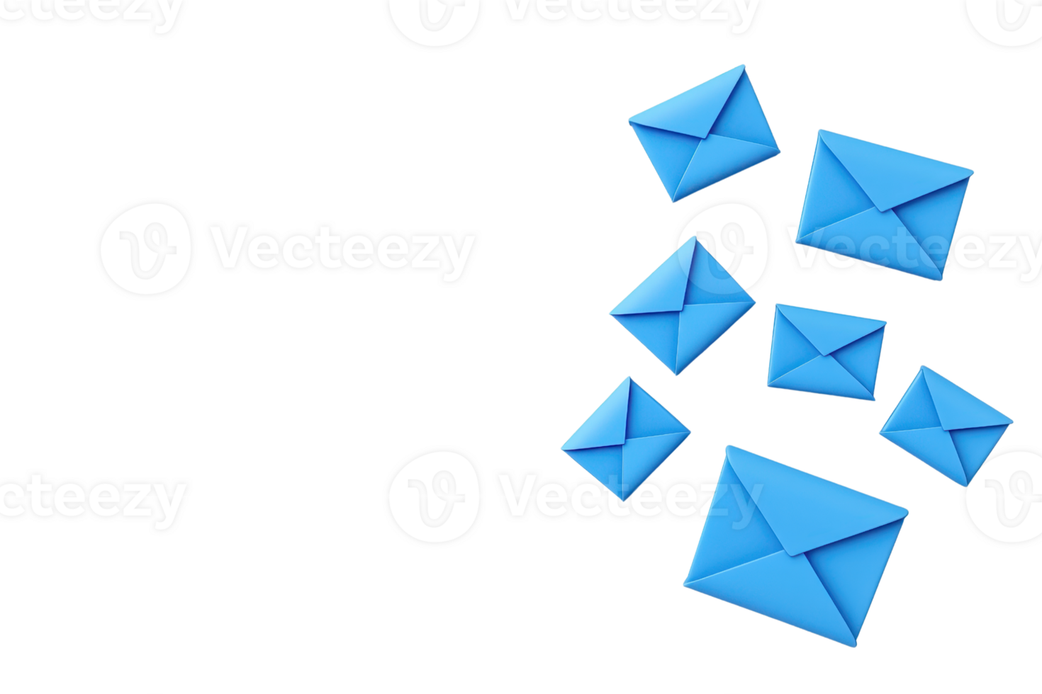 A collection of blue envelopes in various sizes arranged in a dynamic layout. png
