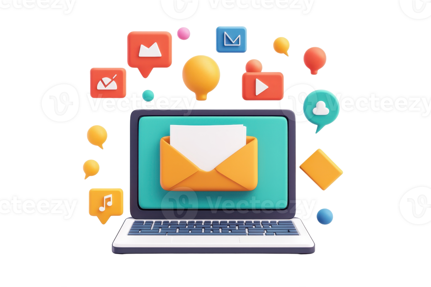A laptop displaying an email envelope surrounded by various communication icons. png