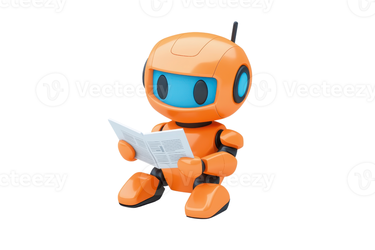 A small orange robot reading a document, featuring a blue visor and a playful design, showcasing its engaging personality. png