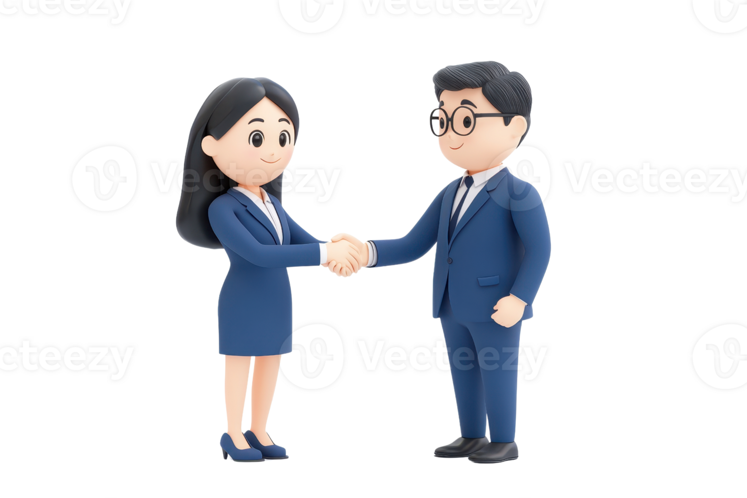Two animated figures in business attire shake hands, symbolizing a professional agreement or partnership. png