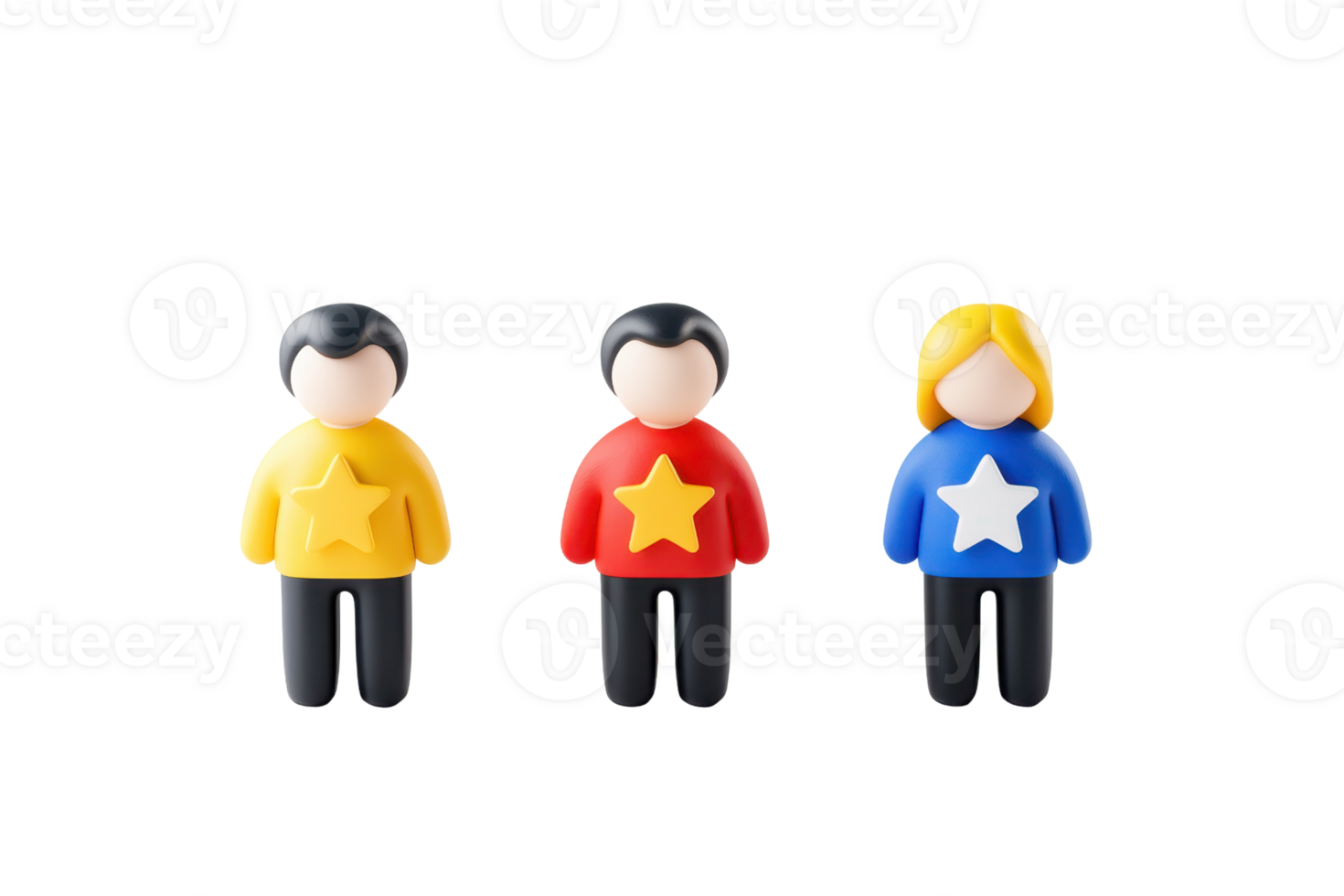 Three colorful figurines in yellow, red, and blue, each with distinct facial features and stars on their chests, representing diverse characters. png
