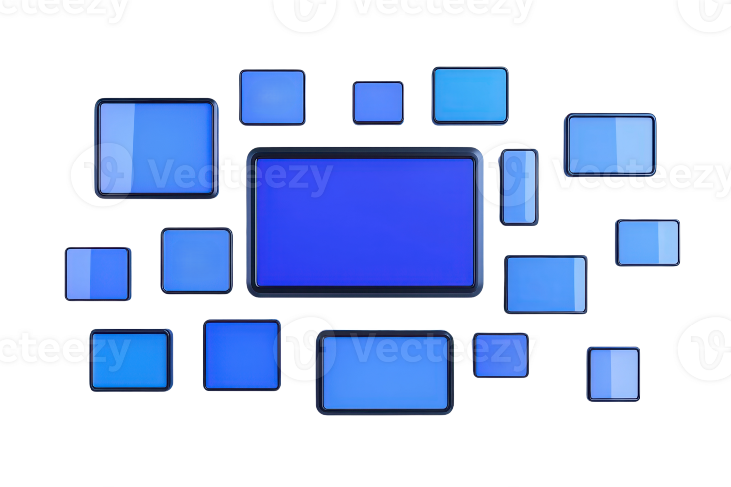 A collection of blue screens arranged in various sizes and shapes, showcasing a digital display theme. png