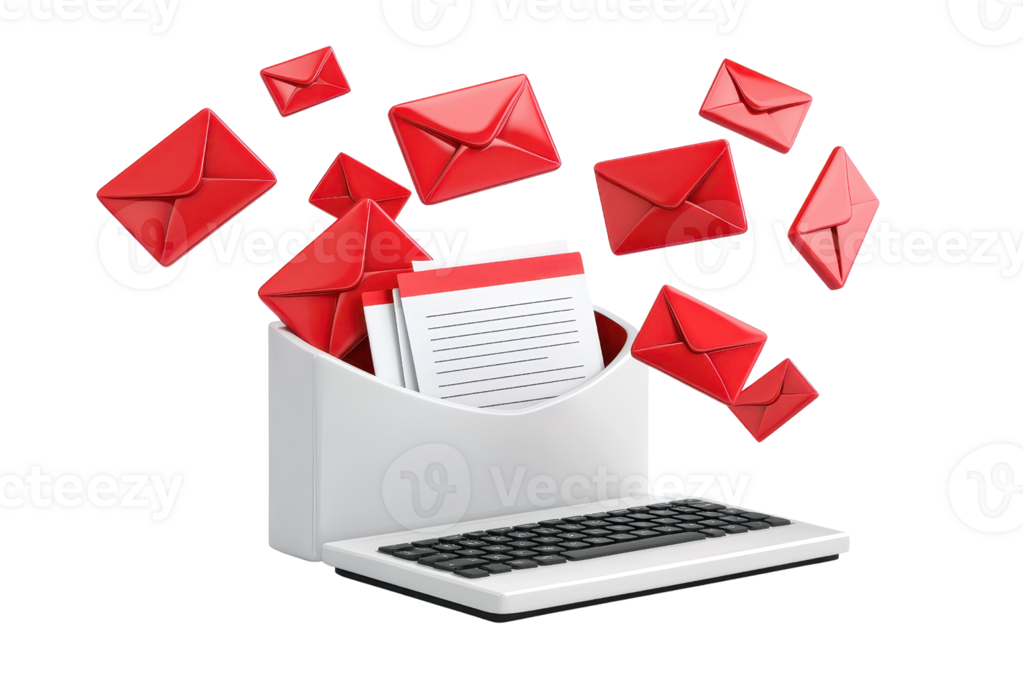 A modern inbox overflowing with vibrant red envelopes, symbolizing incoming messages and communication. png