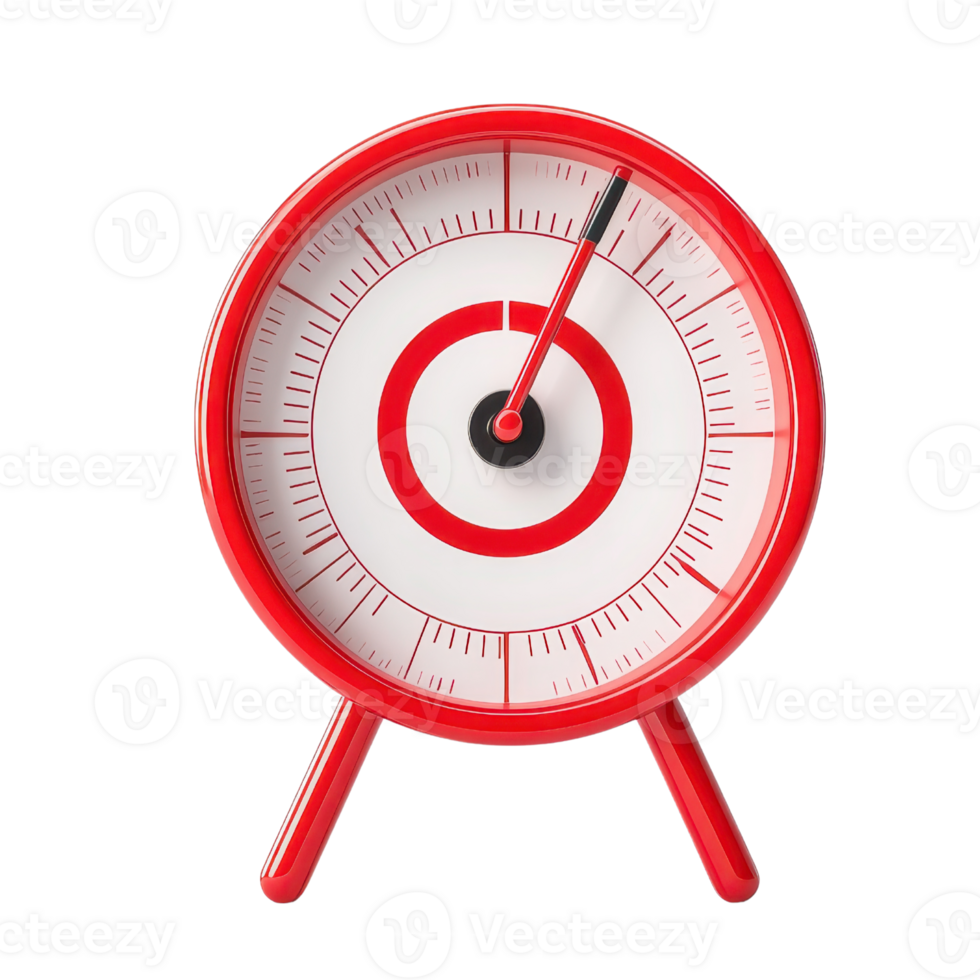 A round, red alarm clock with a white face and black hands, displaying the time prominently. png