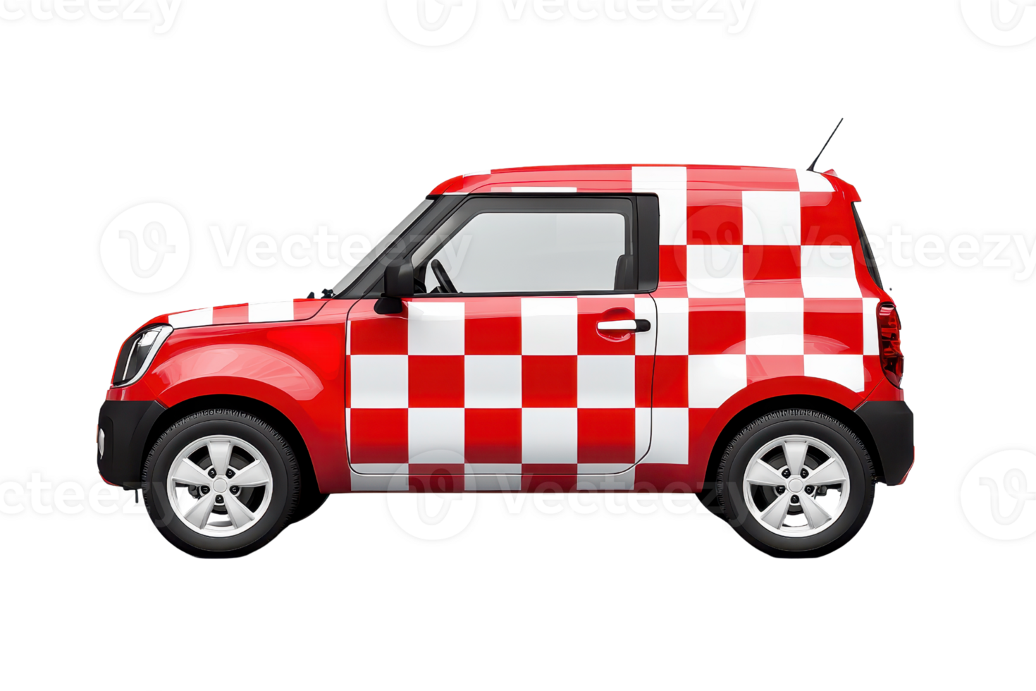 A compact car featuring a bold red and white checkerboard pattern. png