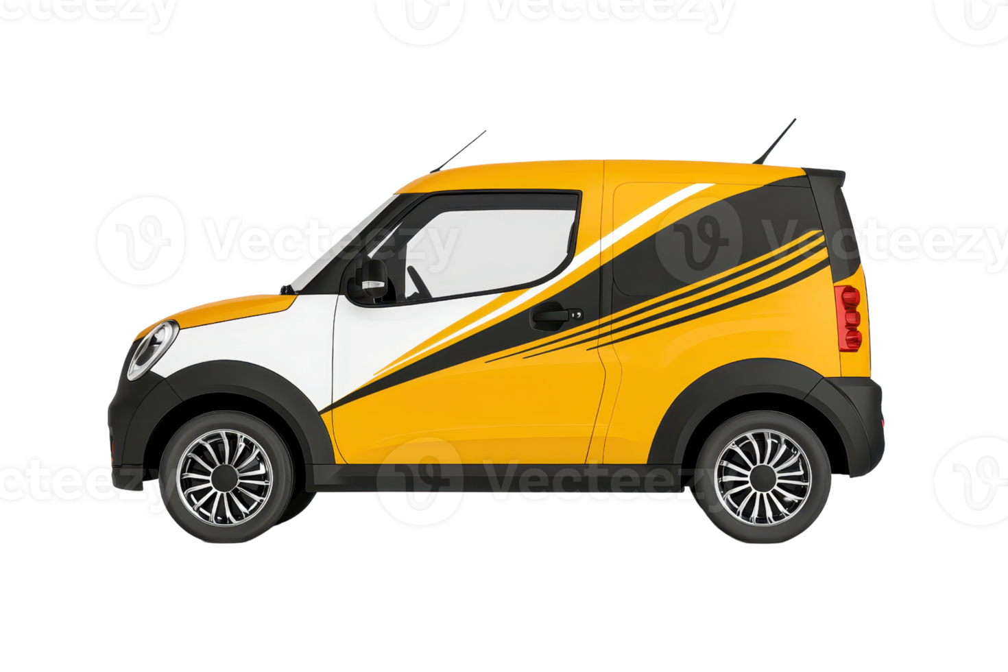 A compact, stylized car featuring a vibrant yellow and black design with distinct side graphics. png