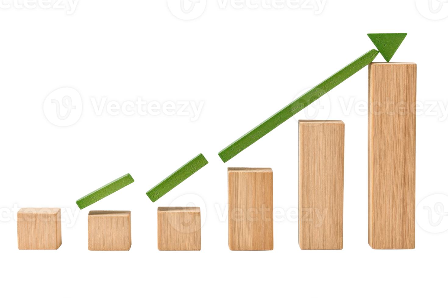 A series of wooden bars arranged in ascending order, illustrating growth with a green arrow pointing upward. png