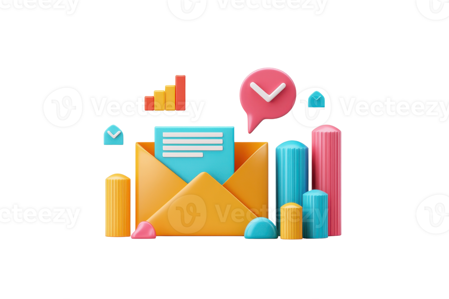 A vibrant envelope with a message inside, accompanied by colorful bars and icons representing communication and analytics. png