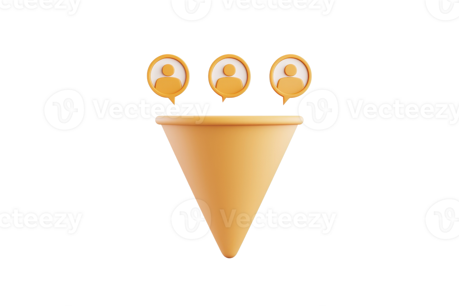 A stylized cone shape with three speech bubbles featuring user icons above it, conveying communication and interaction. png