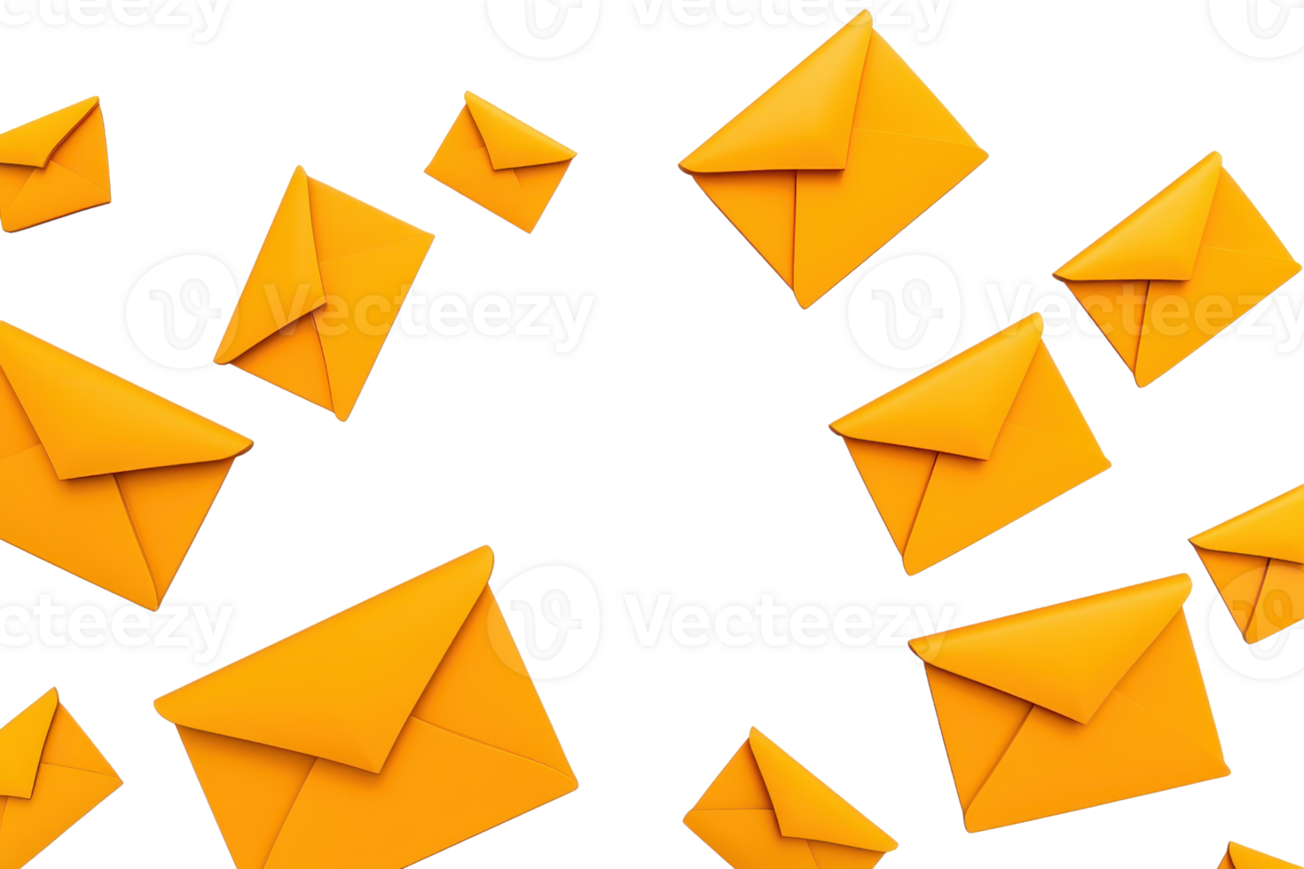 A vibrant composition of floating yellow envelopes against a transparent background, symbolizing communication and message delivery. png