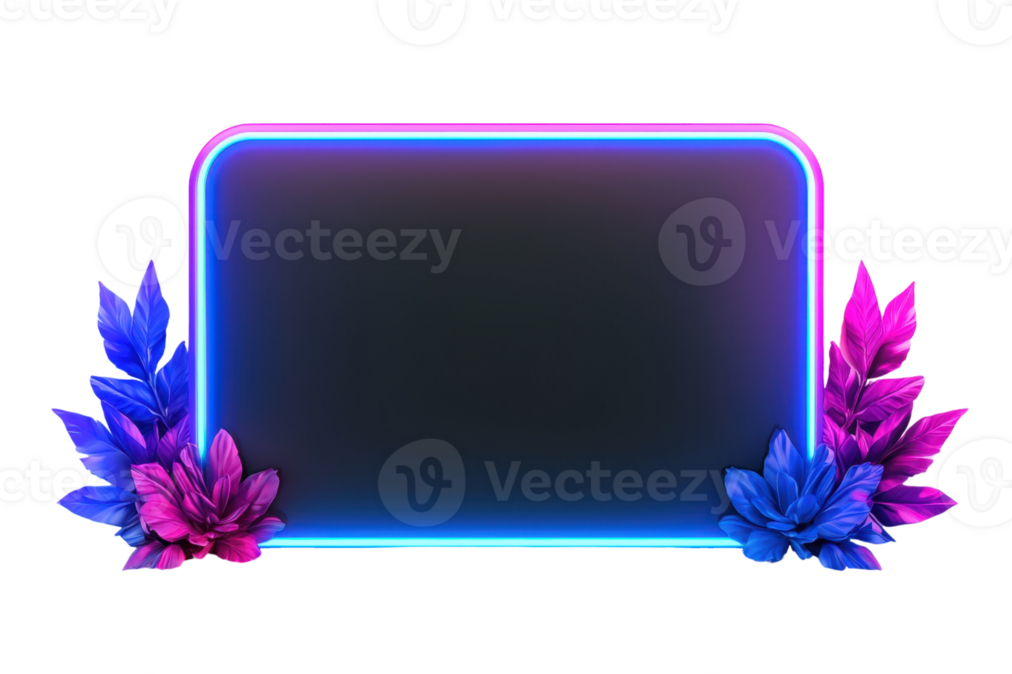 A vibrant neon frame adorned with colorful foliage adds a lively touch to the design. png