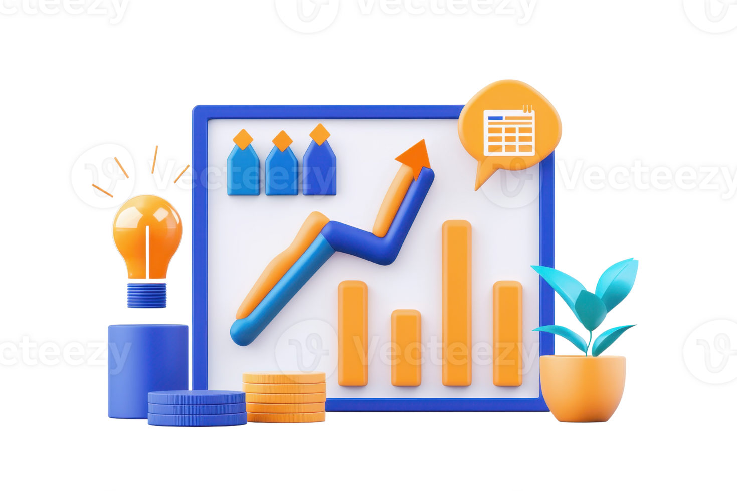 A colorful, 3D graph with rising bars, a light bulb, coins, and a plant, symbolizing growth and innovation in data analysis. png