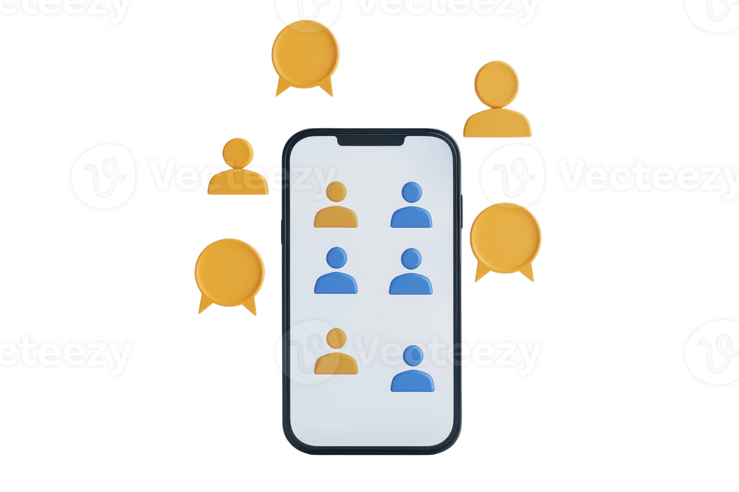 A smartphone displays contact icons and chat bubbles, symbolizing communication and social interaction. png