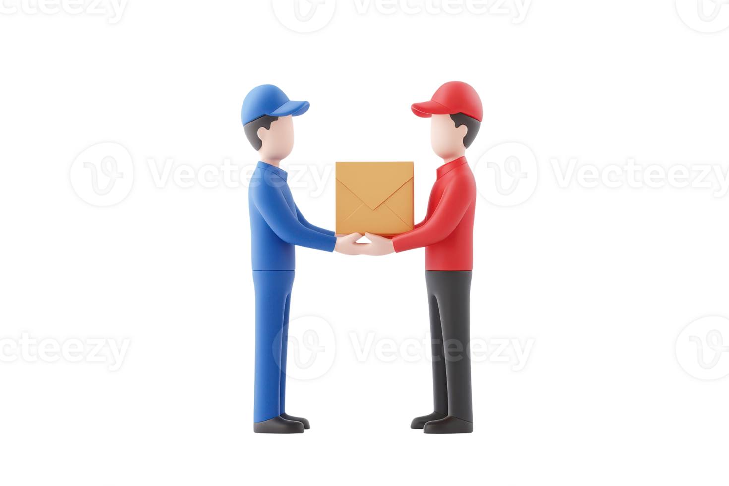 Two delivery workers exchanging a package, one in blue uniform and the other in red, showcasing the concept of shipping and logistics. png