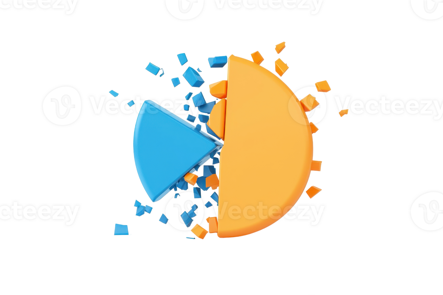 A vibrant, split circle with blue and orange sections surrounded by scattered pieces, symbolizing division and contrast. png