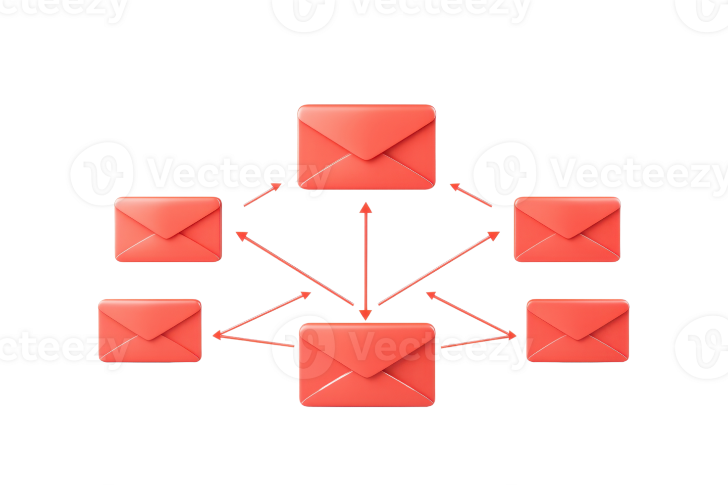 A network of red envelopes illustrating communication and message distribution. png