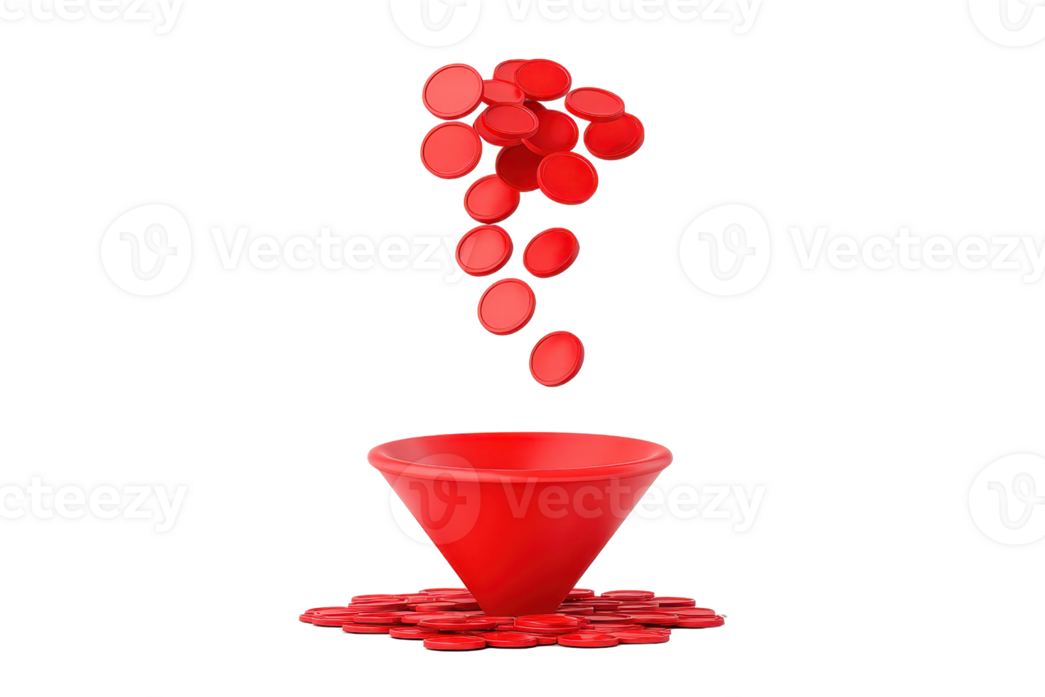 A vibrant red funnel with red discs cascading into it, creating a striking visual effect. png