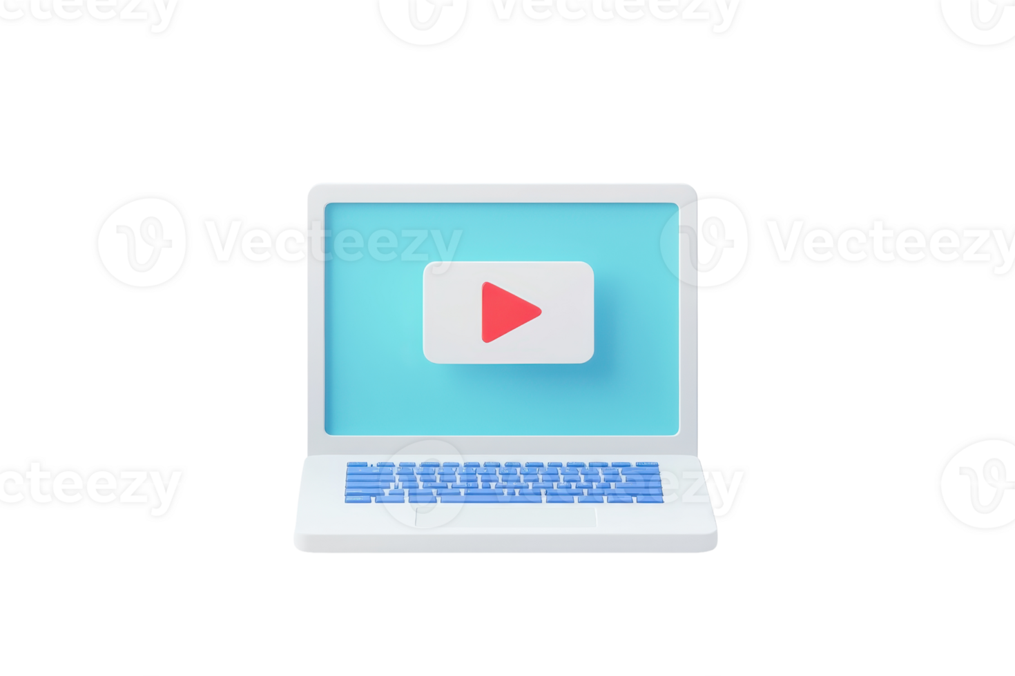 A sleek laptop displaying a play button on a light blue screen, representing online content. png