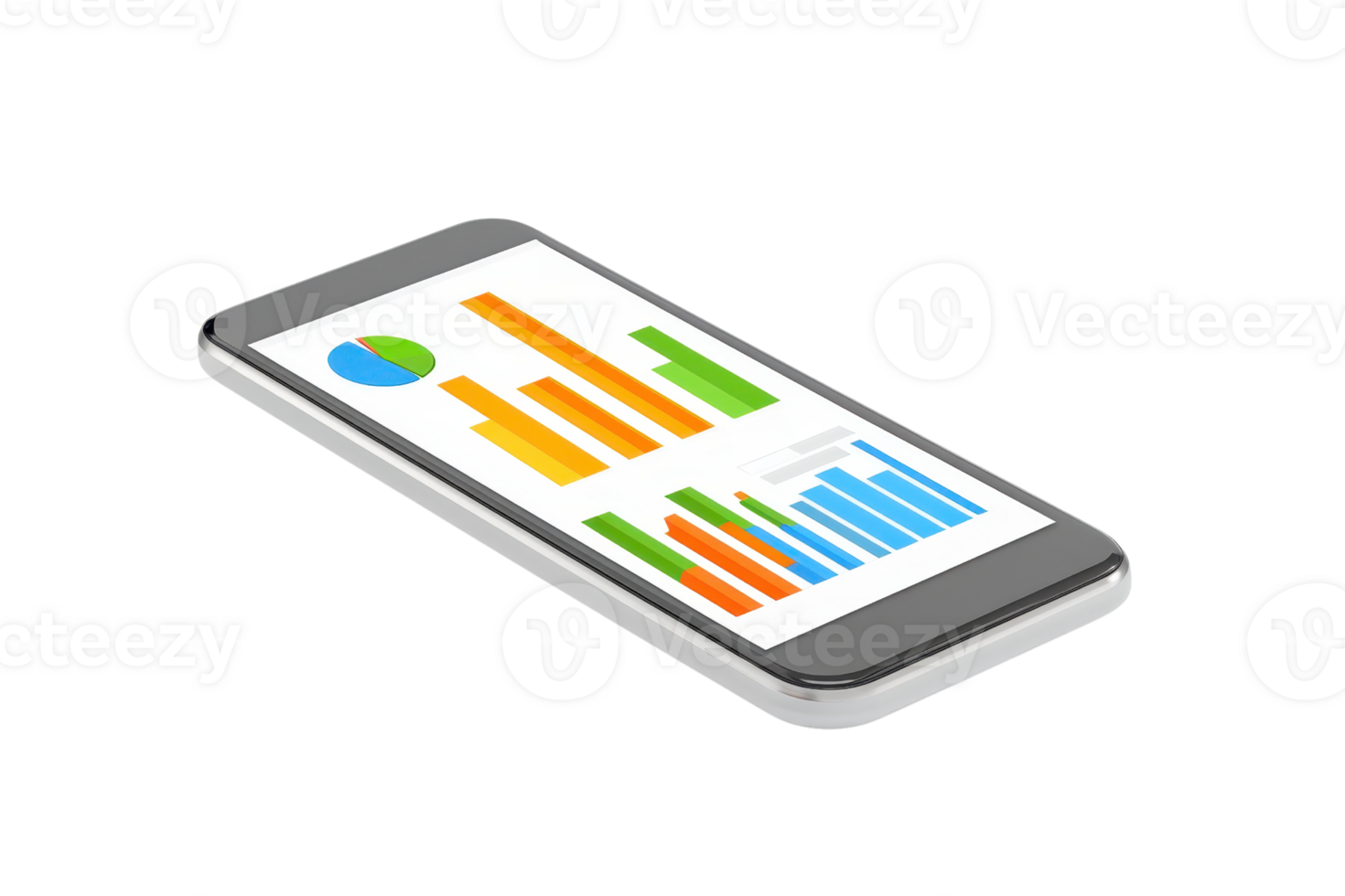 A smartphone displaying colorful bar graphs and a pie chart, illustrating data visualization and analytics. png