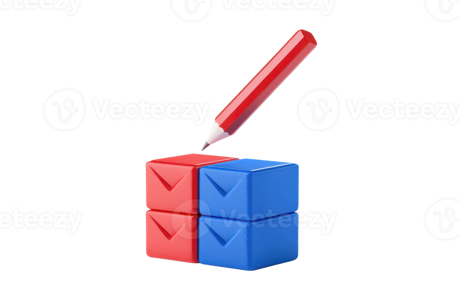 A stack of red and blue cubes with an upward-pointing red pencil above them. png