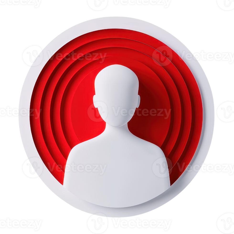 A stylized silhouette of a person is centered within circular layers of red and white, creating a bold visual impact. png