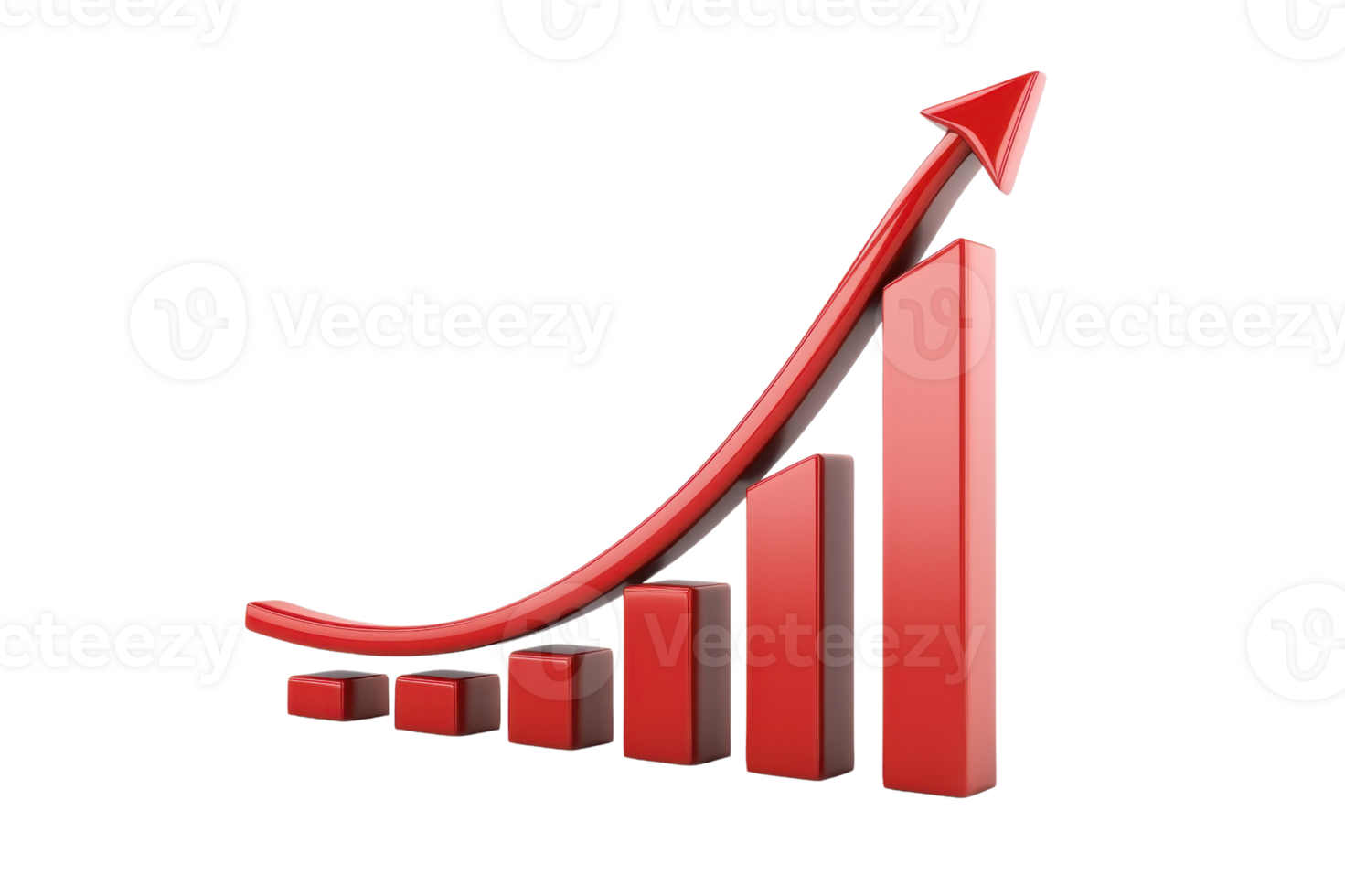 A red upward-trending graph with bars increasing in height, topped by an arrow, symbolizes growth and progress. png