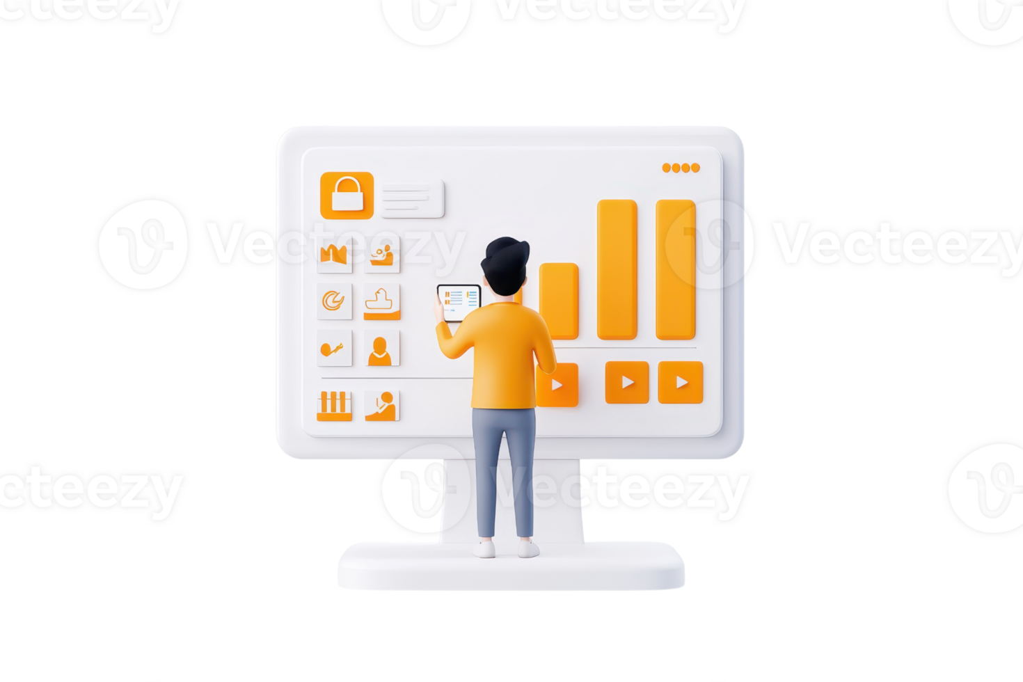 A person interacts with a large computer monitor displaying various data visualizations and controls in a vibrant, modern design. png