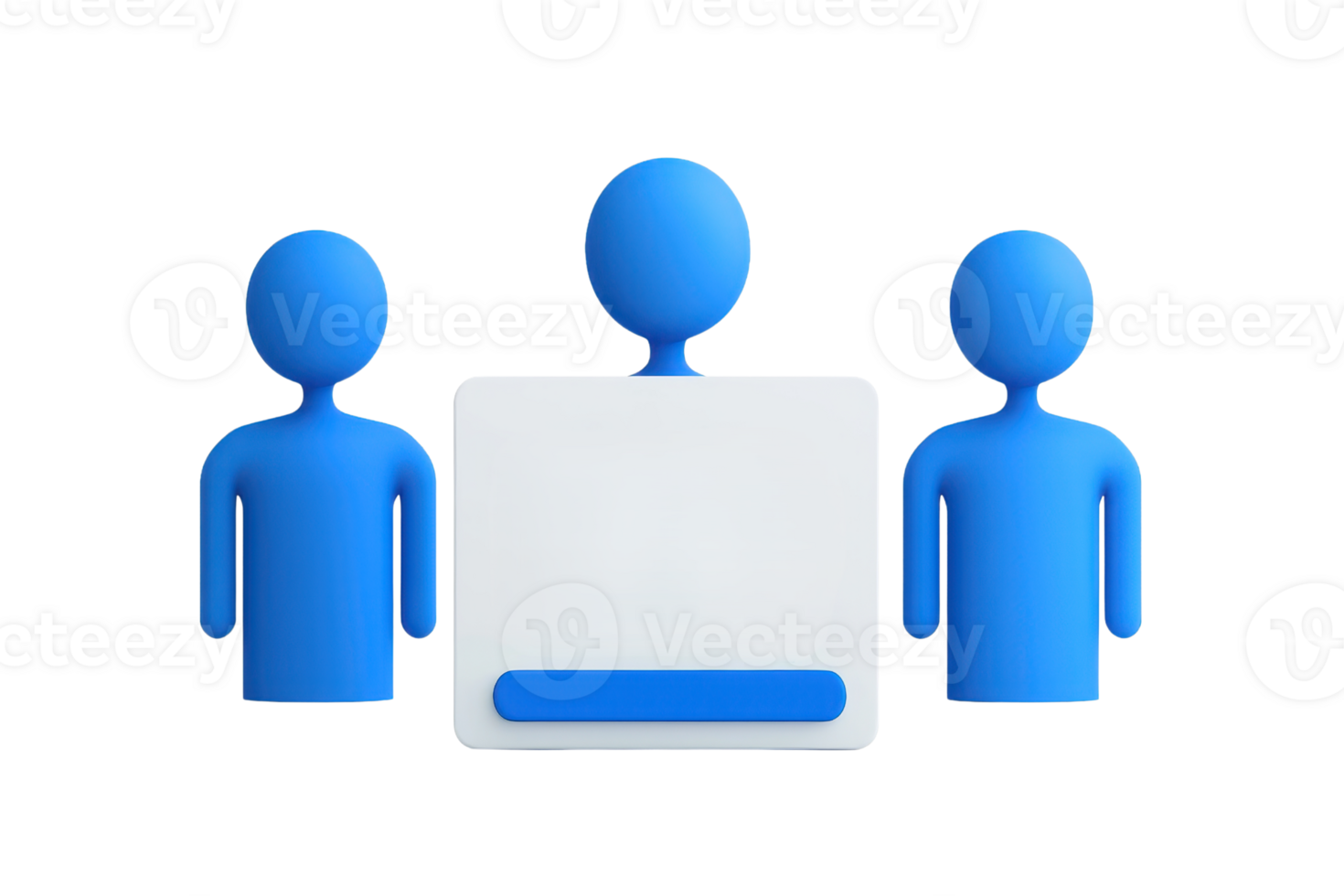 A trio of blue figures with one central figure and a rectangular shape, symbolizing teamwork or collaboration. png