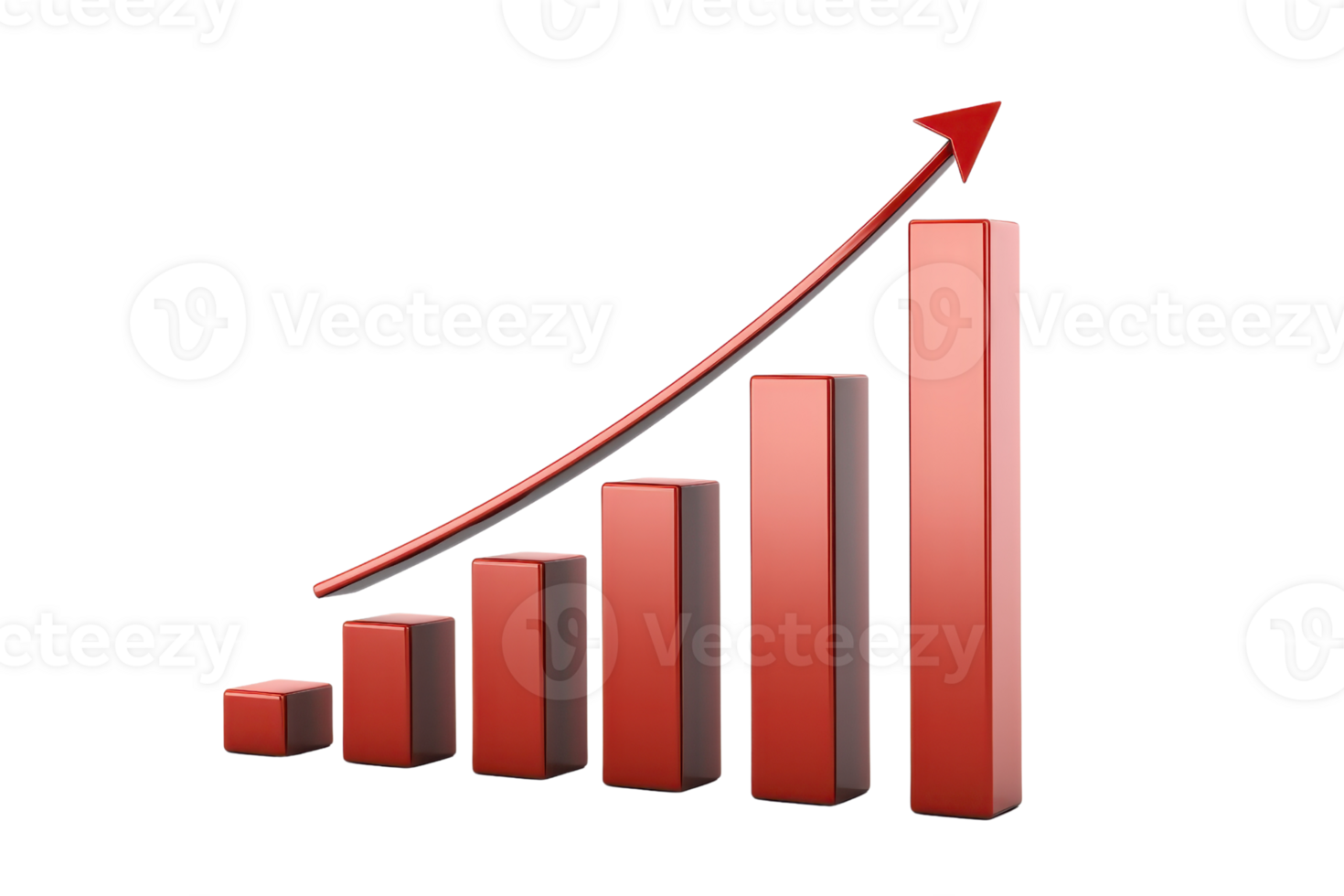 A 3D bar graph in red, showing an upward trend with a rising arrow, representing growth and increased performance. png