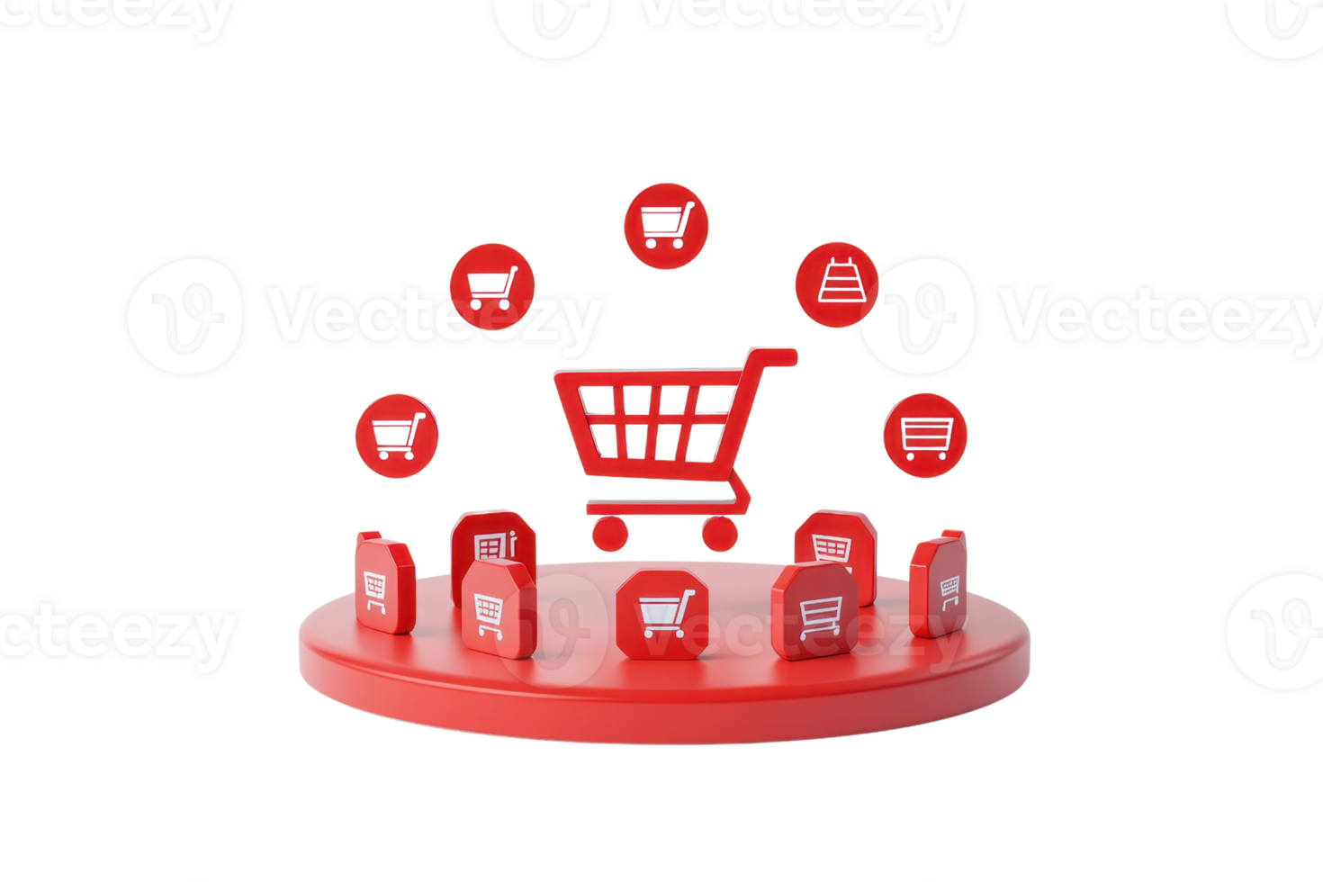 A red shopping cart icon surrounded by various shopping-related symbols, highlighting e-commerce and online shopping features. png