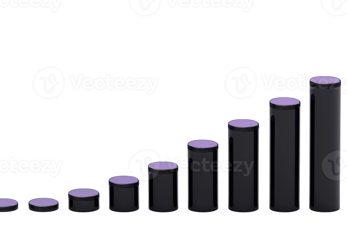 A series of cylindrical bars arranged in ascending order, showcasing a gradient of heights and topped with circular caps. png