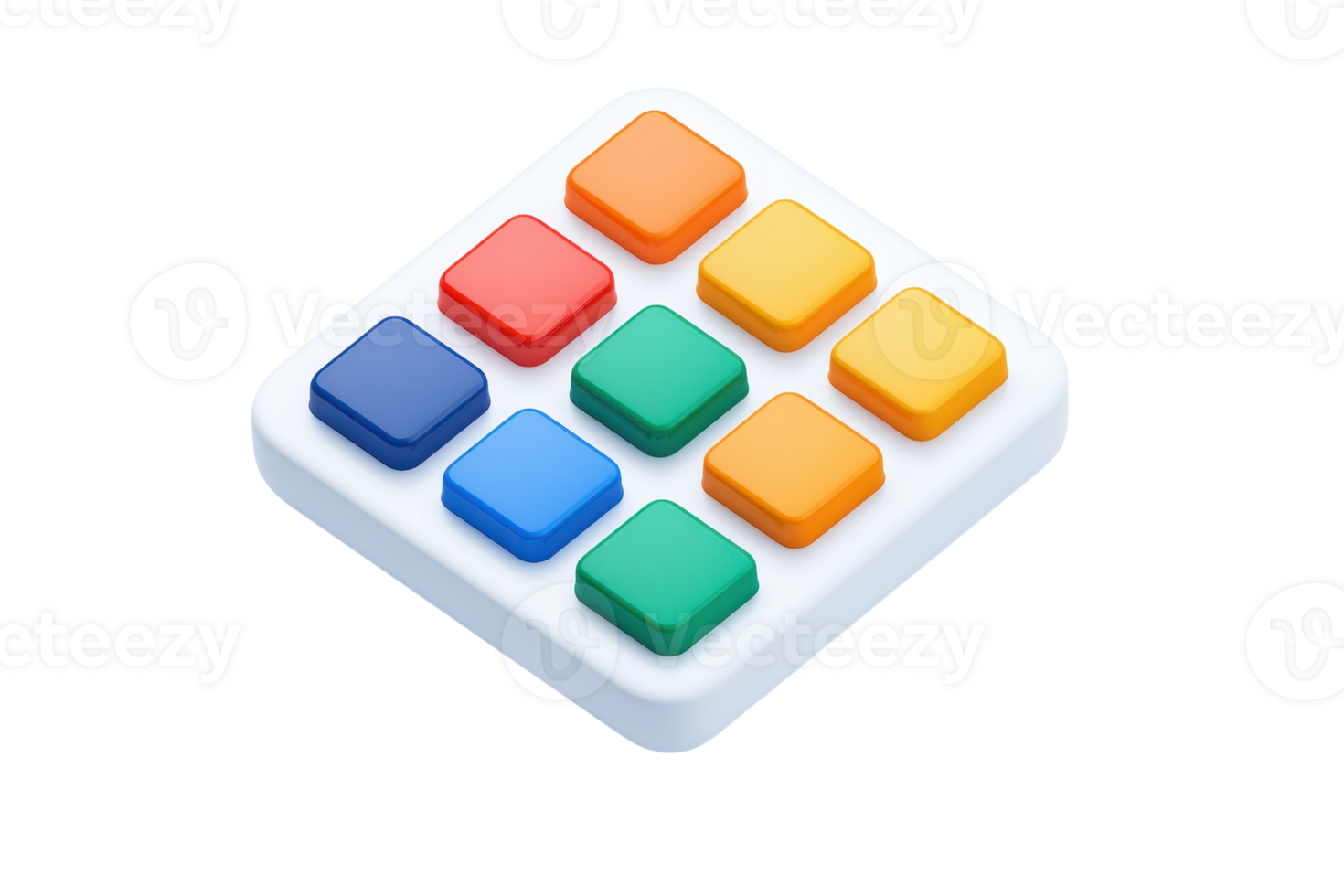 A colorful square button panel featuring nine buttons arranged in a grid, showcasing vibrant hues of blue, green, red, yellow, and orange. png