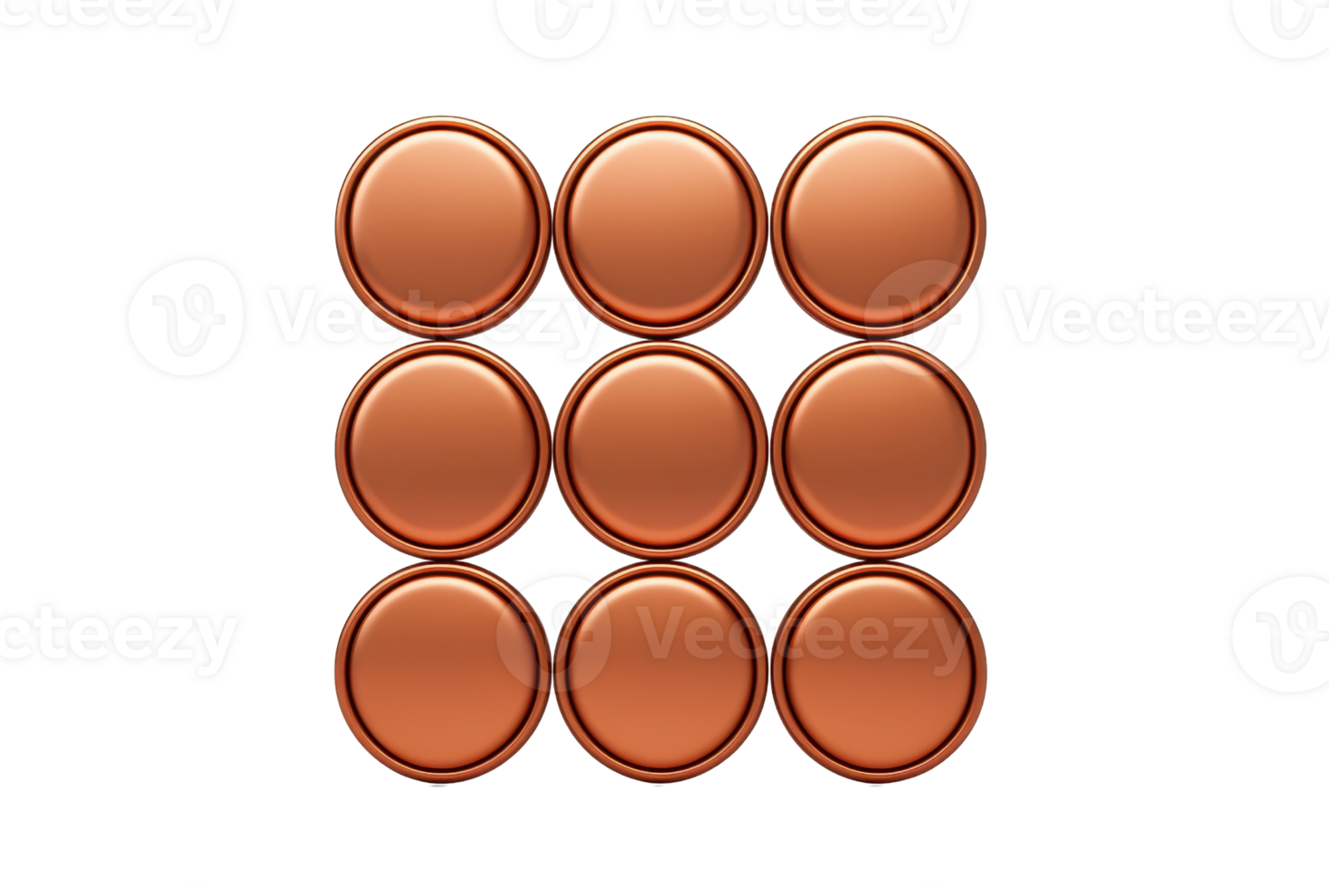 A grid of nine circular copper coins arranged in three rows and three columns. png