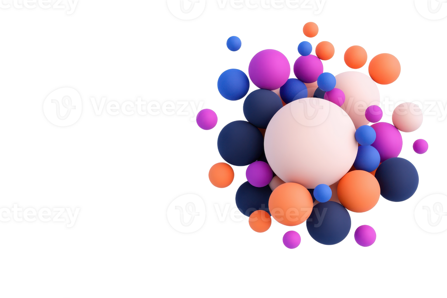 A cluster of colorful spheres in various sizes, featuring shades of pink, blue, purple, and orange, creating a vibrant and dynamic visual effect. png