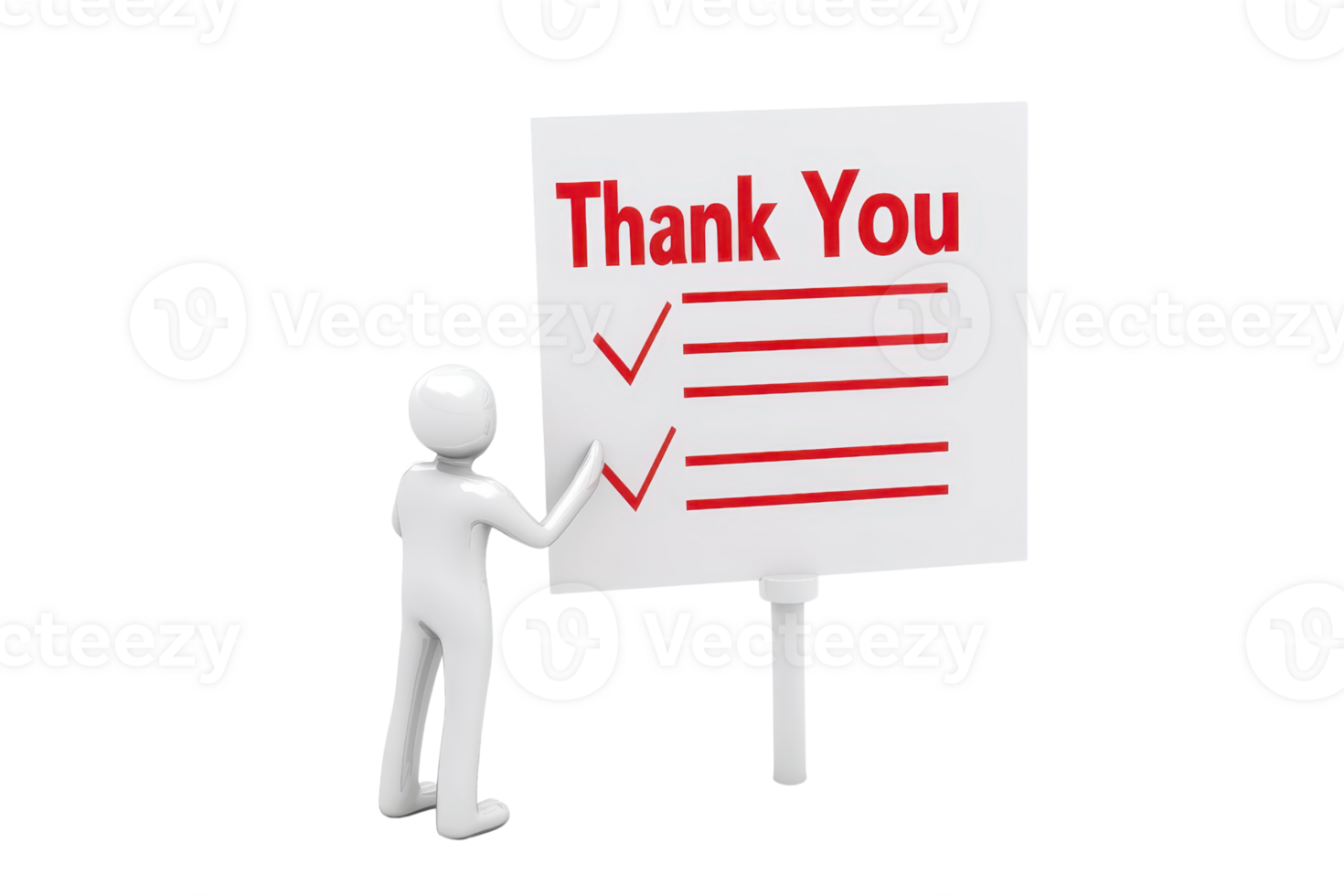 A figure holds a large sign displaying Thank You with checkmarks and lines, conveying appreciation and completion. png