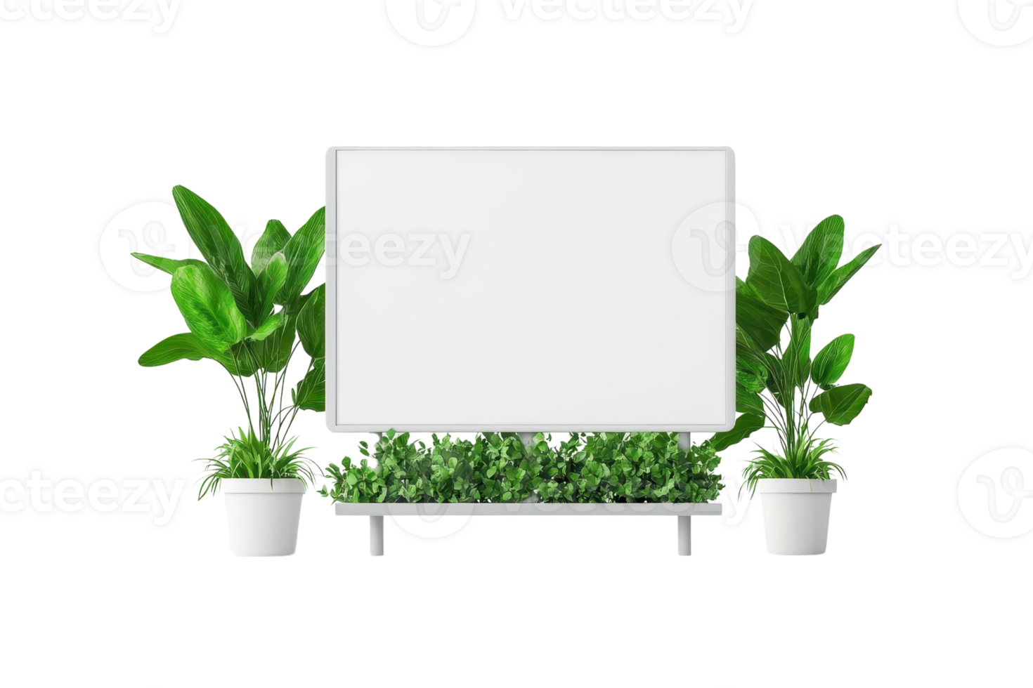 A modern, blank white board surrounded by lush green plants in decorative pots, creating a fresh and vibrant display. png