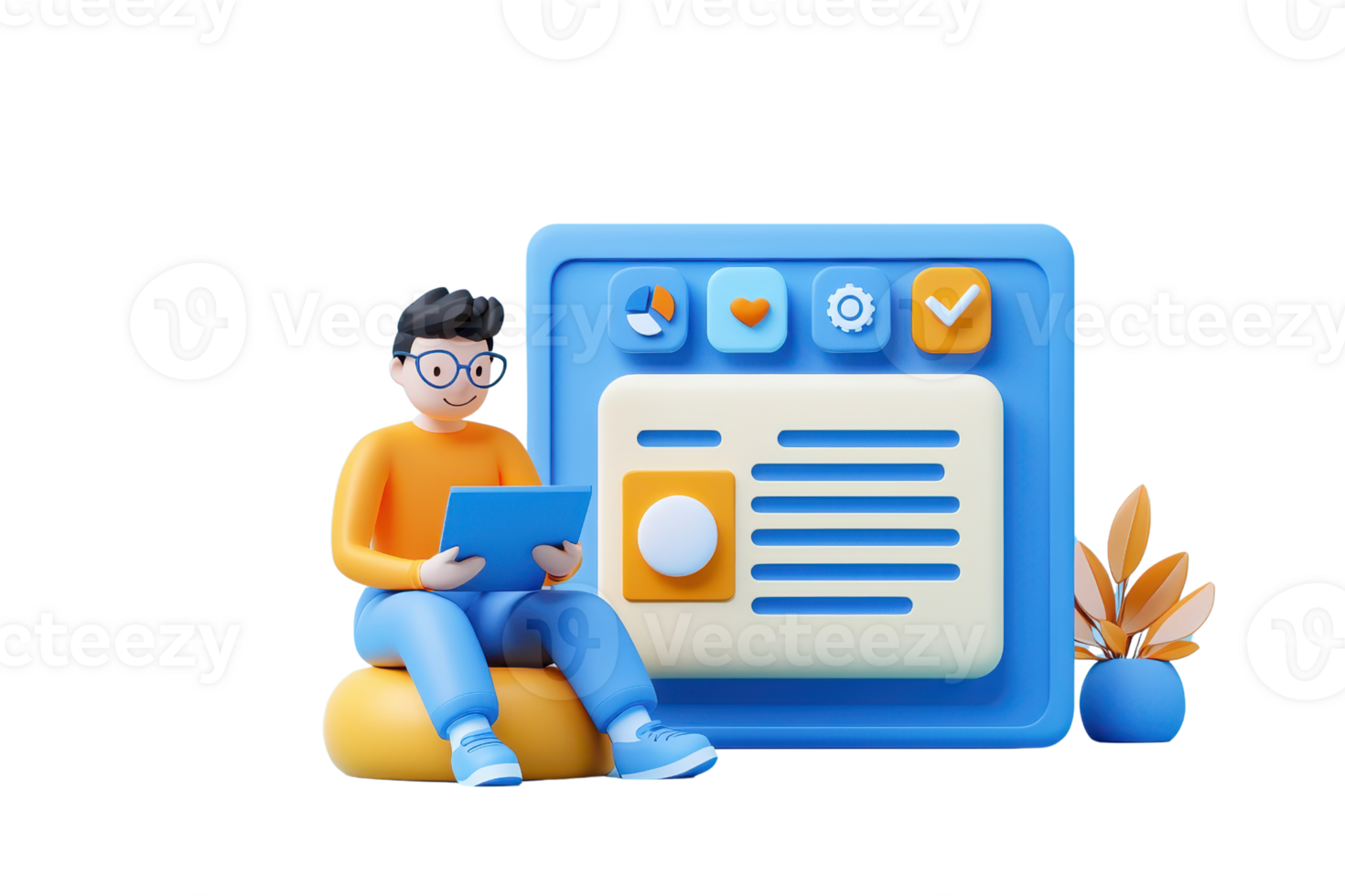 A 3D character engages with a digital interface, exploring features on a device while surrounded by decorative elements. png